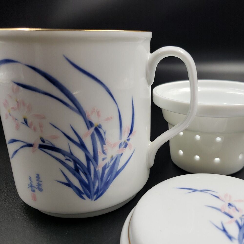3 Piece Tea Cup Mug with Infuser Strainer and Lid Spring Iris Flowers Pink Blue